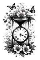 hour glass with clock face melting with flowers and butterflies tattoo design idea