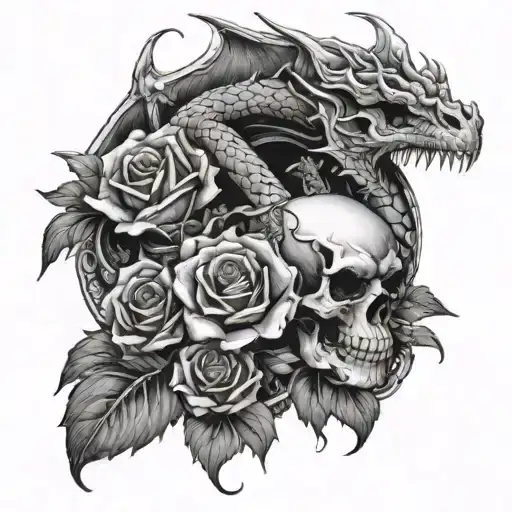dragon holding a skull and roses with a spider tattoo design idea