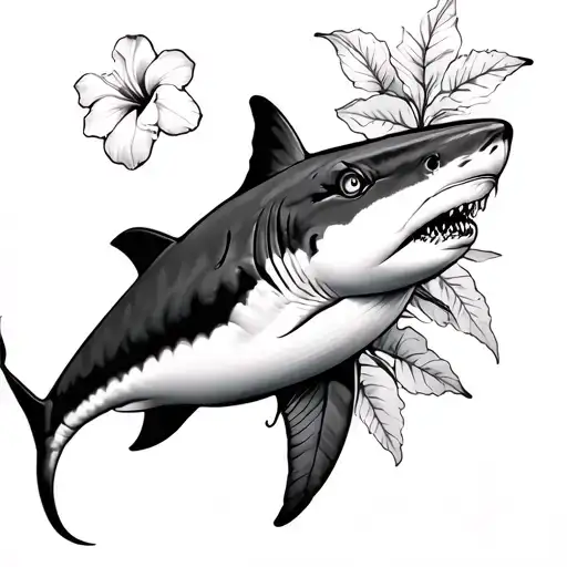 hammerhead shark with hibiscus flower tattoo design idea