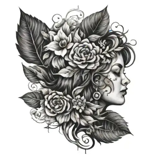 gaia head with hair with flowers and leaves falling and other natur elements around tattoo design idea