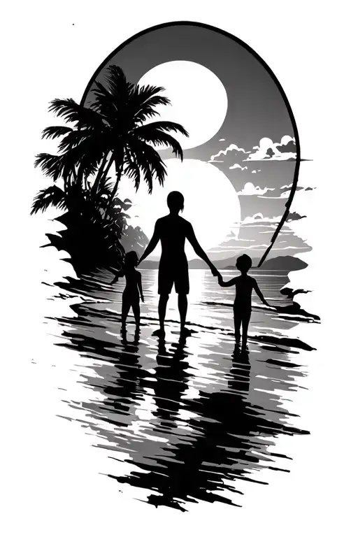 sunset beach scheme black sillhouete.  Very tall man, tall girl and small boy holding hands.  tattoo design idea