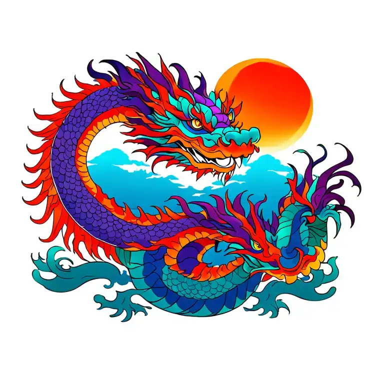 Traditional Chinese Dragon with colour (reds, purples, Oranges). With a snow moon in the background  tattoo design idea