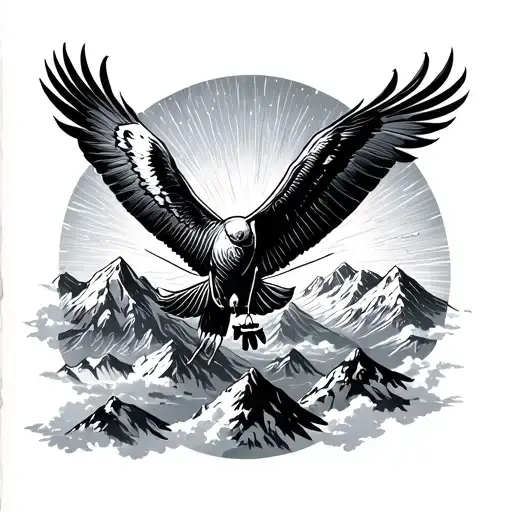 paraglider explore freedom between high mountain. vultures, clouds and the sun rays  tattoo design idea