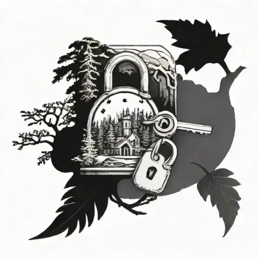 Lock and key with forest scenery as the background tattoo design idea