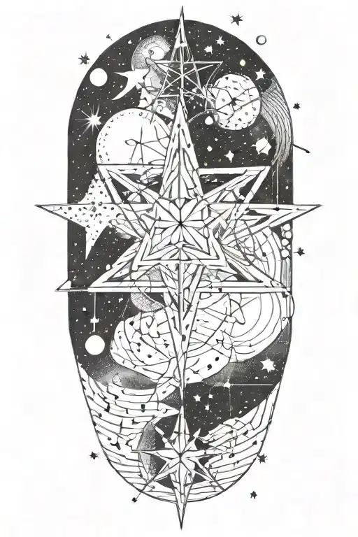 A minimalist design of the Pleiades star system intertwined with musical notes to represent the harmony of the cosmos tattoo design idea