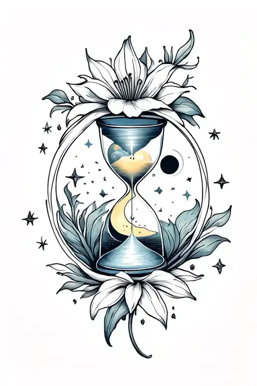 hourglass with moon and sun inside, lily flower around with stars tattoo design idea
