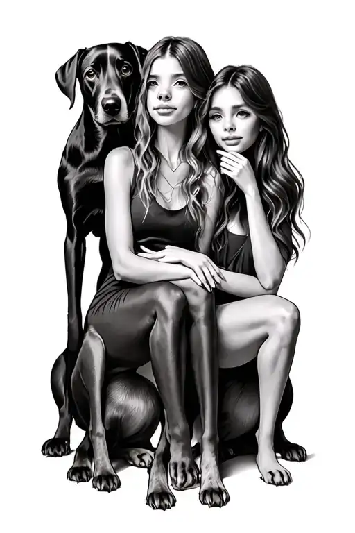 Girl And 3 dogs sitting tattoo design idea
