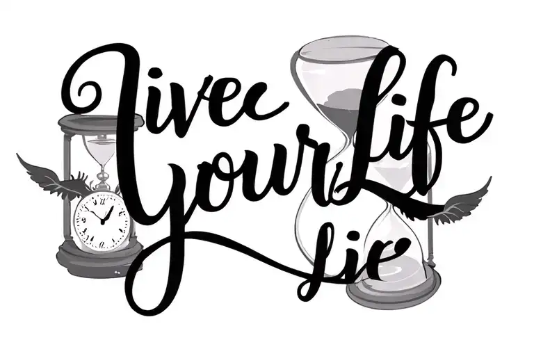 "Live Your Life" "Live Your Life" hourglass and pocket watch background creatures tattoo design idea