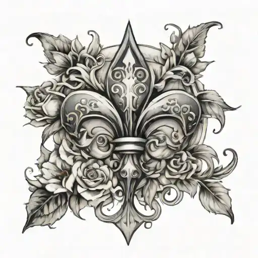fleur de lis surrounded by roses in watercolor  tattoo design idea