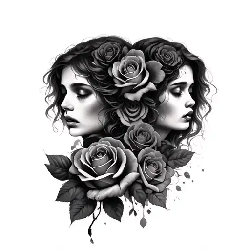 Faces by angels crying and roses tattoo design idea
