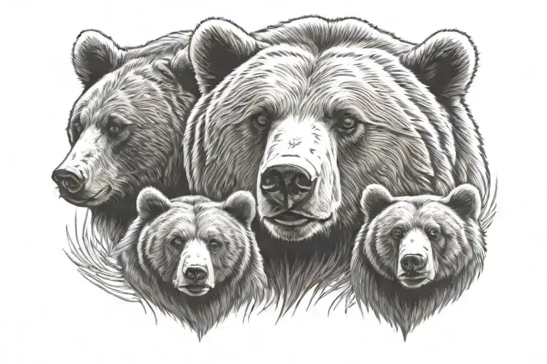 grizzly bear head with two cubs playing tattoo design idea