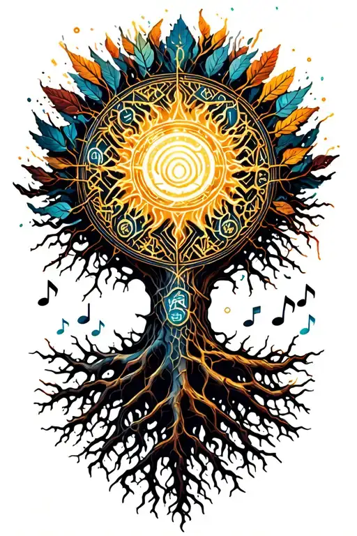 sun shining, tree of life with veins for roots. musical notes and leaves flying, organized chaos  tattoo design idea