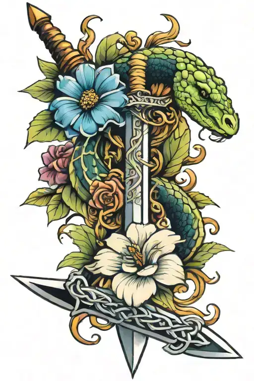 sword, flowers, snake tattoo design idea