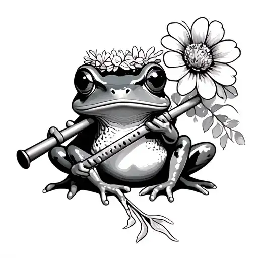 frog (simple, black and white) with a flower crown, playing flute tattoo design idea