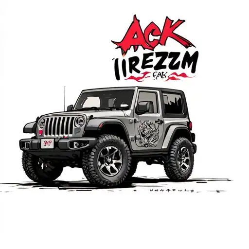 A jeep wrangler with the backtire of the jeep saying ACK tattoo design idea