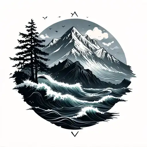 mountain birds trees ocean tattoo design idea