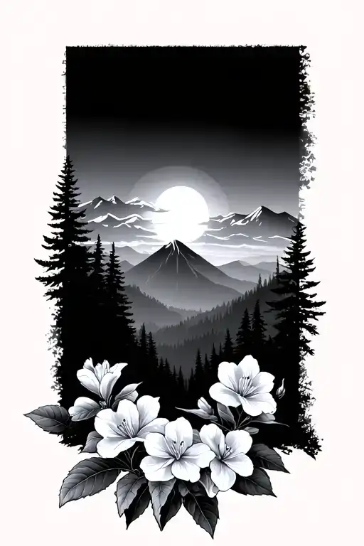 blue ridge mountains with rhododendron and sun rising tattoo design idea
