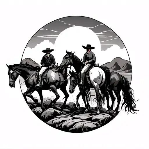 backside of horses and cowboys riding horses into a canyon with the sunset in background long ranger and toto tattoo design idea