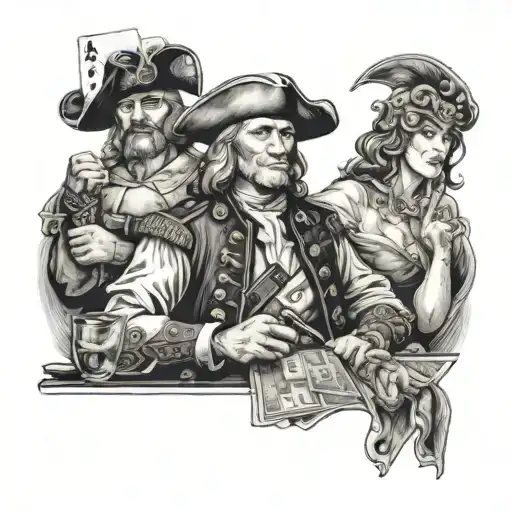 a pirate Captian, Viking warrior (no helmet just long hair), George Washington, Navy SEAL all playing cards at a bar  tattoo design idea