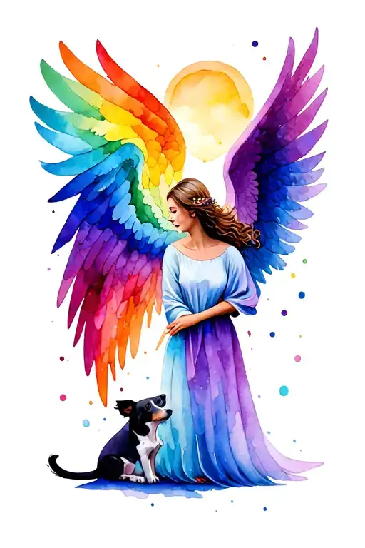 angel with dog and rainbow colors tattoo design idea