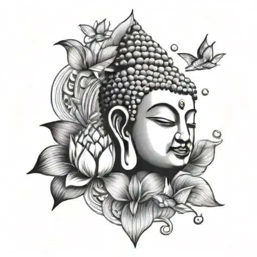 buddha face below lotus surrounded by fishes tattoo design idea