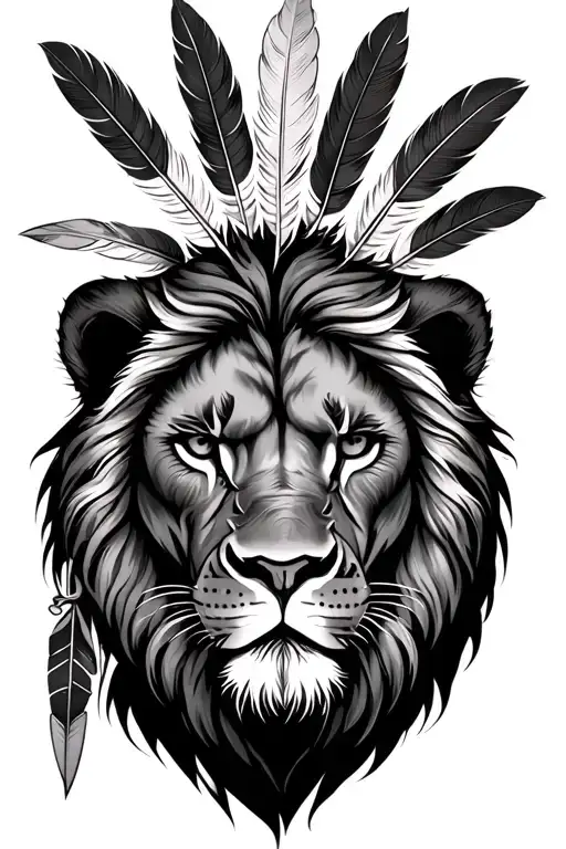 Lion that represents courage with a scar in the face and with many Indian feathers on his head tattoo design idea