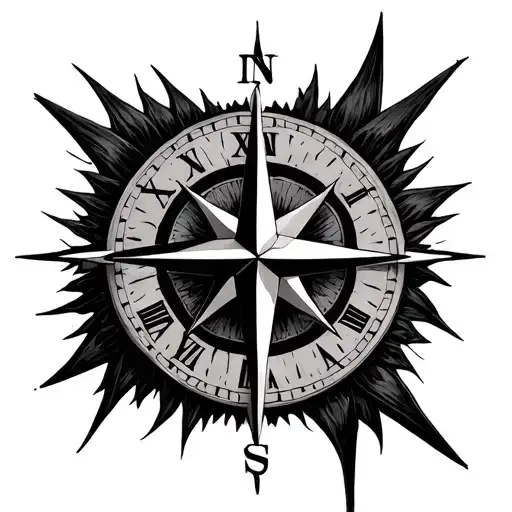 Generate a tattoo design for the forearm: compass rose whose tips melt like Dalí's clock, center tattoo design idea