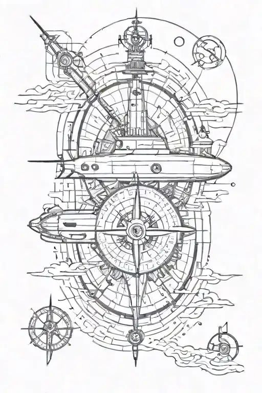 submarine, trident, compass, coordinates, tattoo design idea