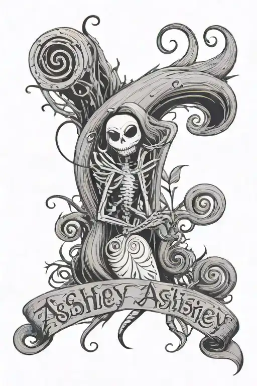 The name Ashley in cursive lettering with the movie nightmare before christmas theme  tattoo design idea