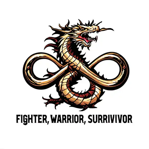 i want an infinty sign made by a dragon with the words " fighter, warrior, survivor" tattoo design idea