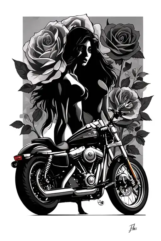 Harley Davidson Sportster from left side with beautiful woman and silhouette Harley Davidson and realistic rose with tattoo design idea