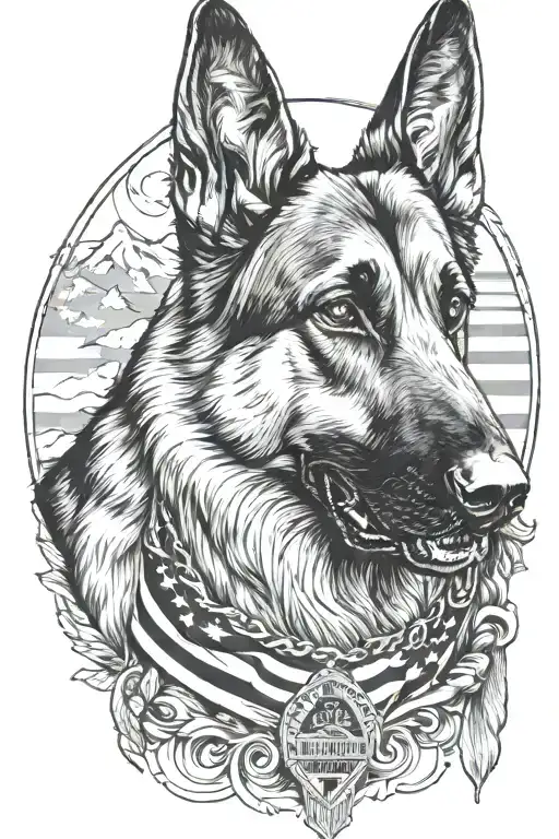 German shepherd portrait with bracelet saying diabetes mountain scene American flag tattoo design idea