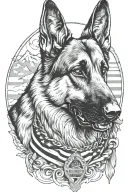 German shepherd portrait with bracelet saying diabetes mountain scene American flag tattoo design idea