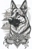German shepherd portrait with bracelet saying diabetes mountain scene American flag tattoo design idea