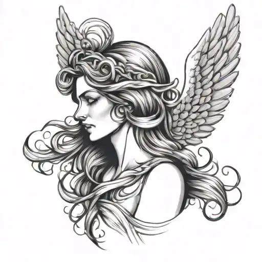blindfolded angel cross flowing hair tattoo design idea