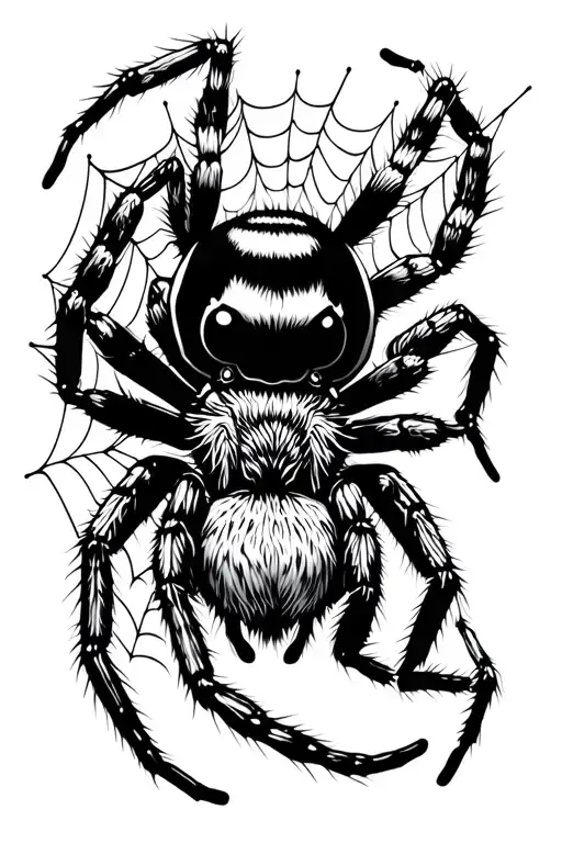 a bold jumping spider on the ring finger crawling around it with a web connecting it to a already made jumping spider we tattoo design idea