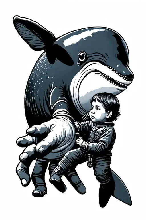 whale on the hand of a child in a diving suit tattoo design idea