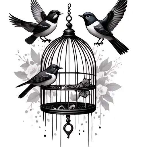 Create a tattoo design of a birdcage. One bird in the cage. One bird about to leave the cage. And flying away.  tattoo design idea