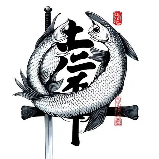Japanese sword with two coi fish  wrapped around and Japanese kanji on sword. Fill spaces with Japanese cultured items  tattoo design idea