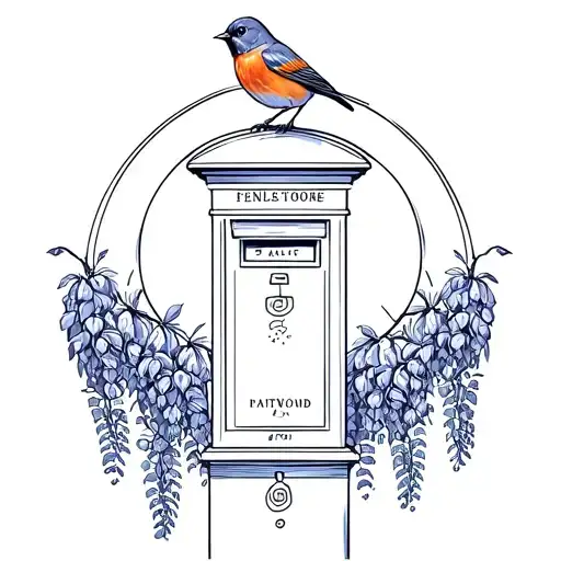 robin on top of English post box in front of wisteria surrounded by circle tattoo design idea