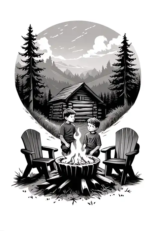 nature scene of a little boy sitting around a campfire with 3 extra empty chairs. there is a log cabin in the background tattoo design idea