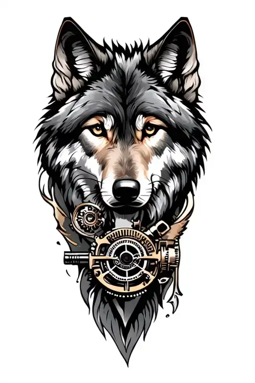 wolf and steampunk for calf (leg) tattoo design idea