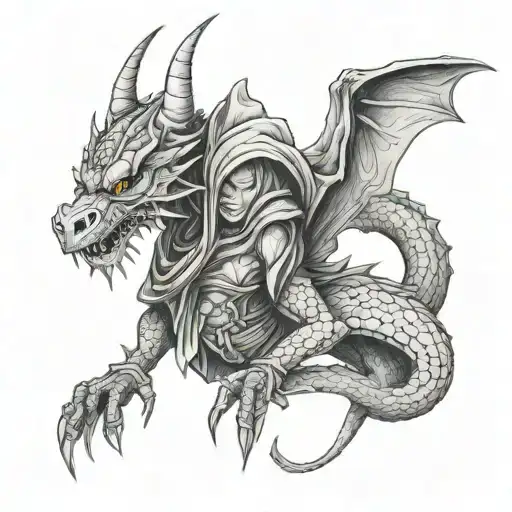 hooded dragon warrior surrealism  tattoo design idea