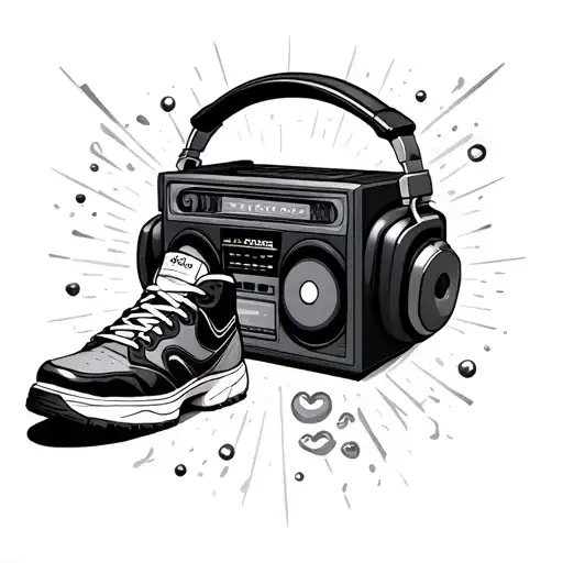 dance related tattoo with headphones , shoes and radiobox tattoo design idea