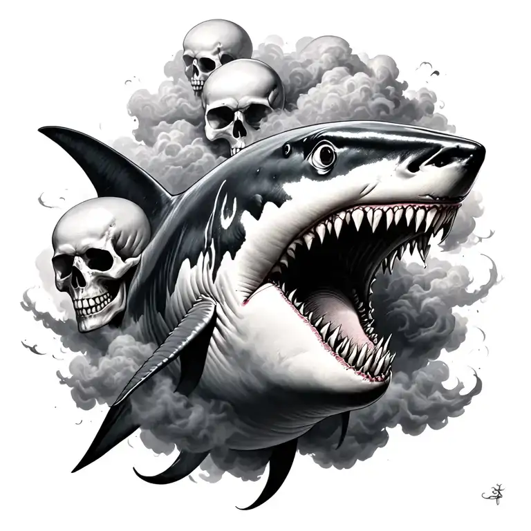shark in smoky type clouds with skulls emerging from the clouds tattoo design idea