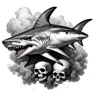 shark in smoky type clouds with skulls emerging from the clouds tattoo design idea