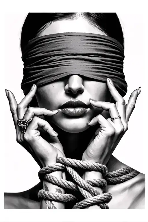 BDSM, woman face ,blindfolded, full lips, tied up hands with a rope.  tattoo design idea