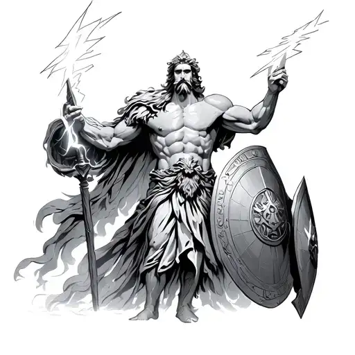 Zeus holding a lightning bolt , at war with hades and ares standing equip with a shield and his battle helmet  tattoo design idea