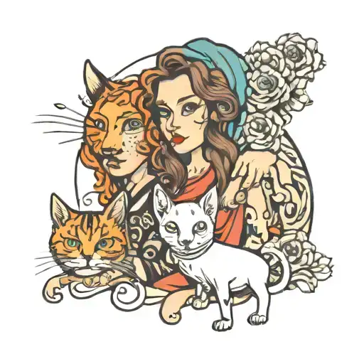 sigle mom with daughter, dog and cat tattoo design idea