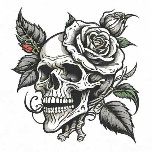Skeleton's hand holding the stem of a rose intertwined tattoo design idea